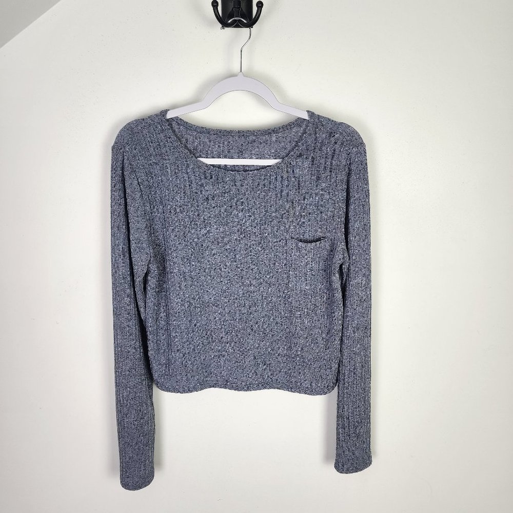 COPY - COPY - Blue Gray Shiny Long Sleeve Cropped Y2K Top Shirt Size Large